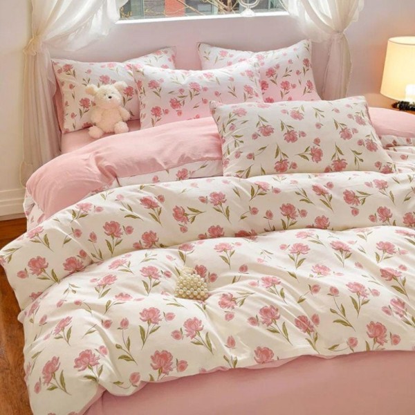 Pink plant style pure cotton four-piece set