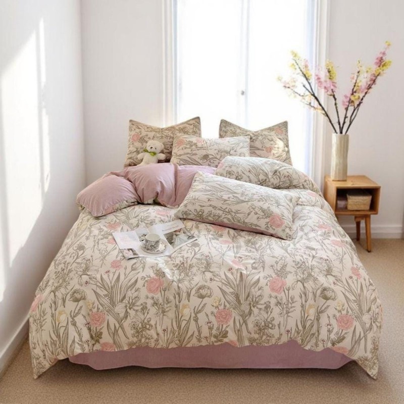 Pink floral cotton four-piece set