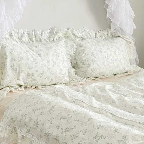 Green lace ruffled cotton four-piece set