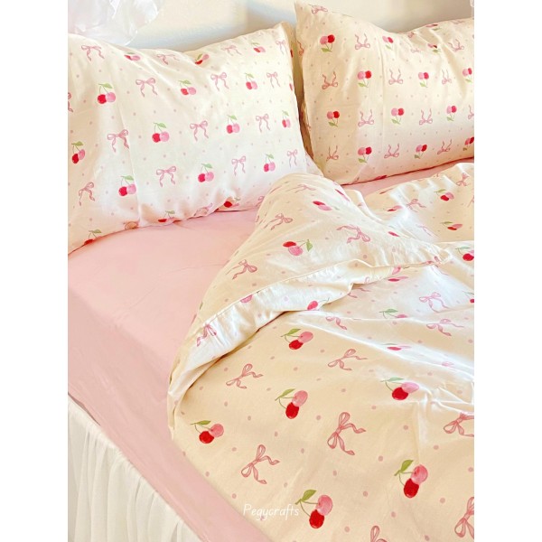 Bow and cherry pattern cotton 4-piece set