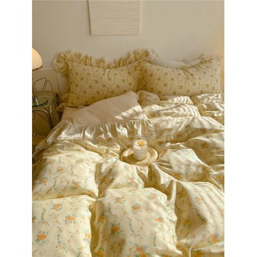 Yellow floral with light yellow ruffles pure cotton four-piece set