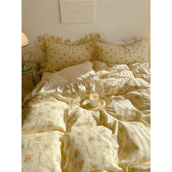 Yellow floral with light yellow ruffles pure cotton four-piece set