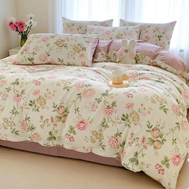 Pink retro floral pattern cotton four-piece set