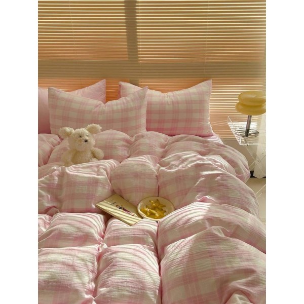 Pink plaid cotton four-piece set