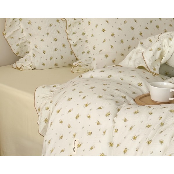 Yellow floral ruffled cotton four-piece set