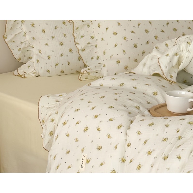 Yellow floral ruffled cotton four-piece set