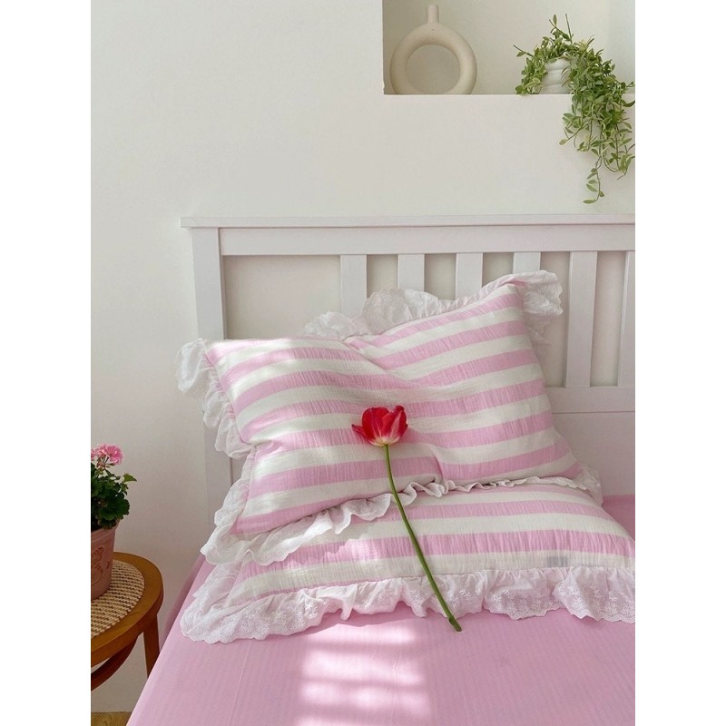 Pink striped ruffled cotton four-piece set