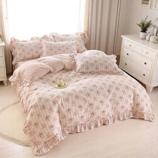 Pink plaid ruffled cotton four-piece set