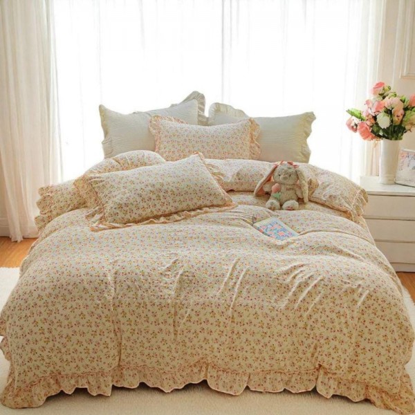 Pastoral style floral ruffled cotton four-piece set