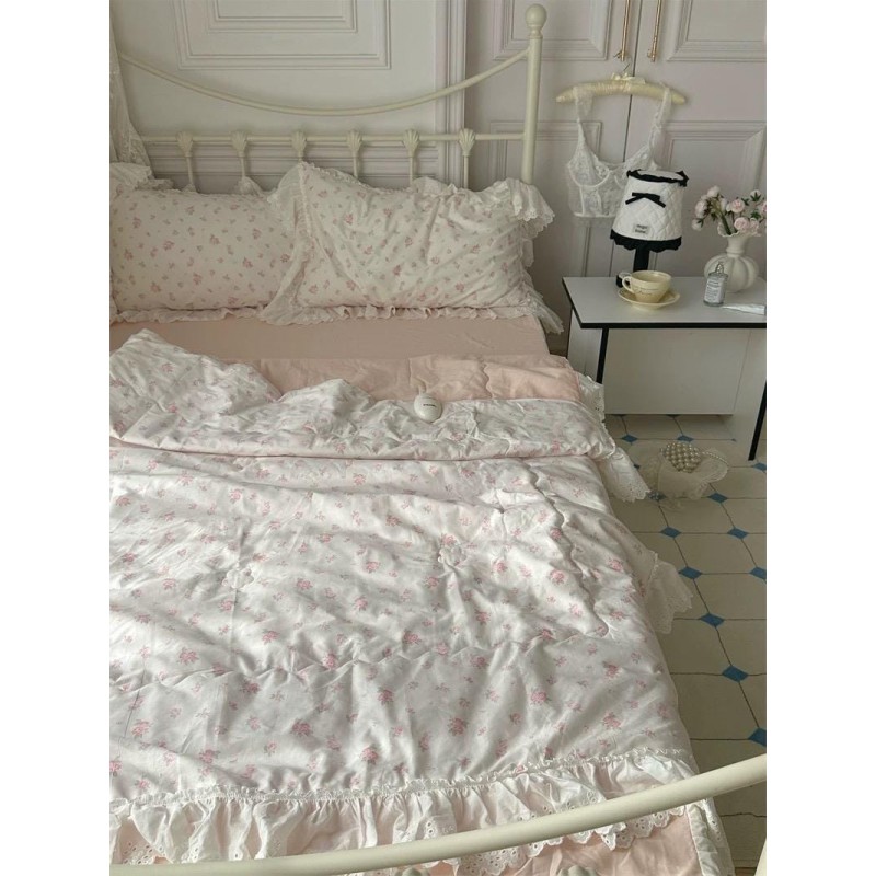 Pink and white lace ruffled cotton four-piece set