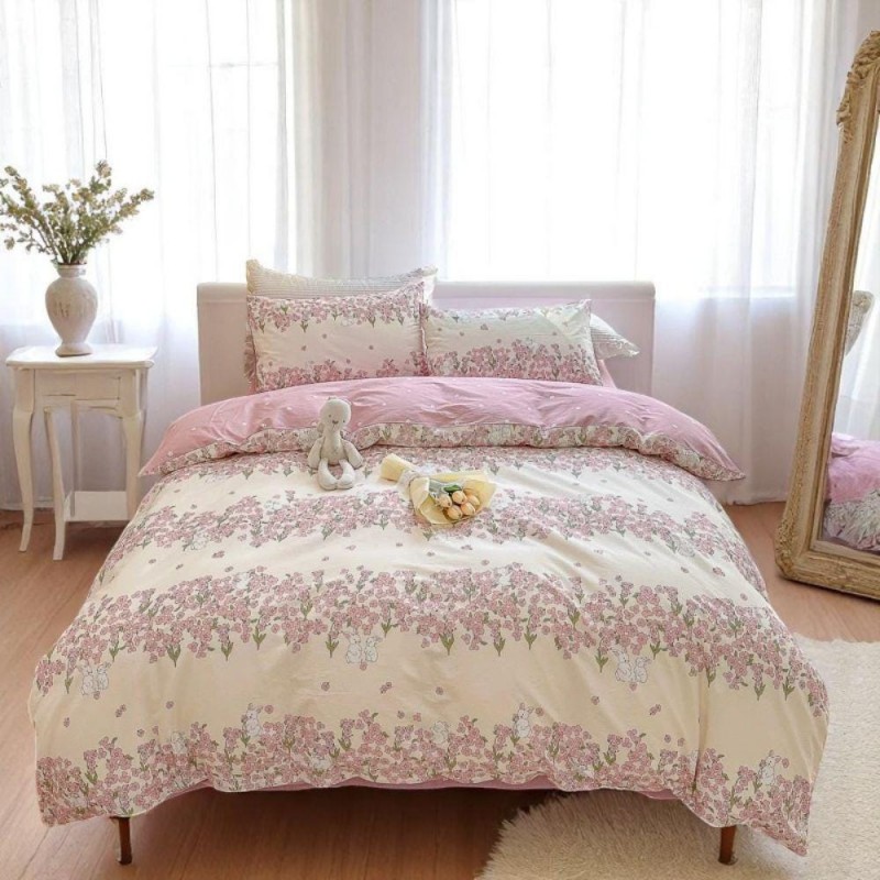 Garden style pink flowers pure cotton four-piece set
