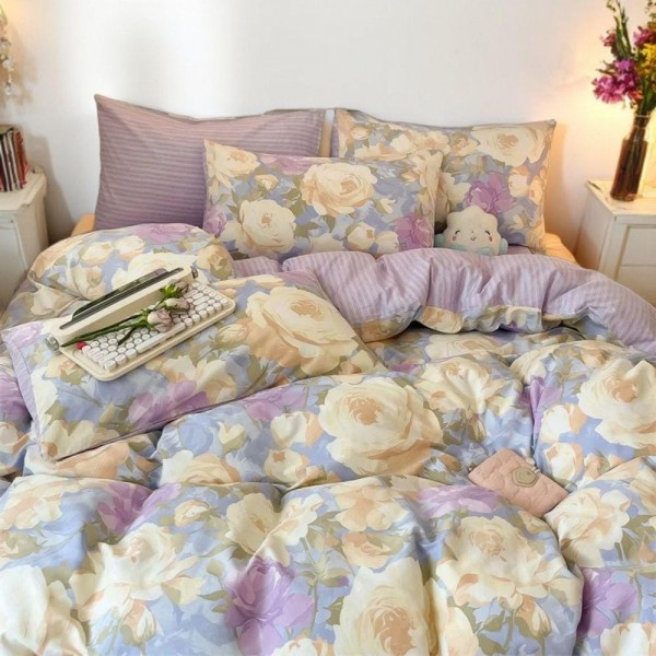 Purple romantic floral cotton four-piece set