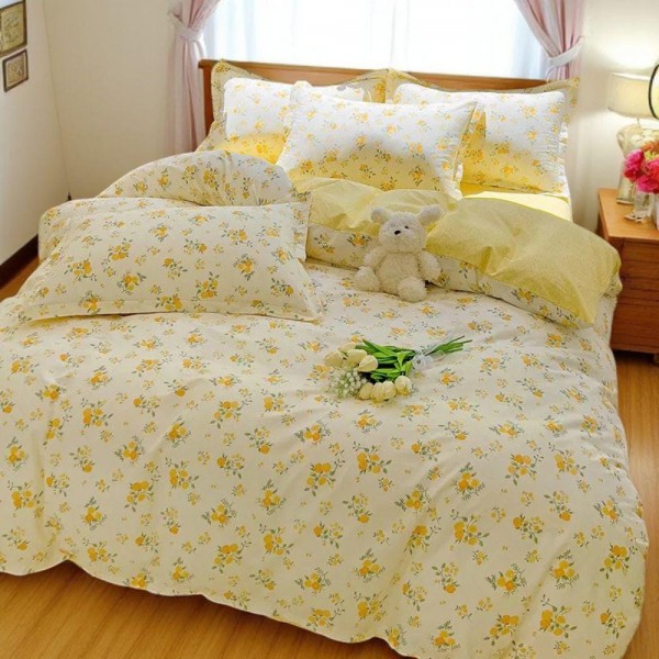 Lemon Yellow Floral Pattern Cotton Bedding Set