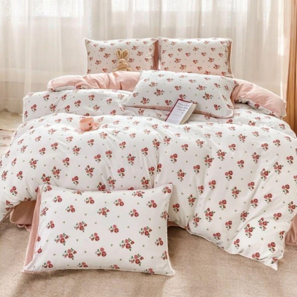 Light pink and white rose pattern cotton 4-piece set