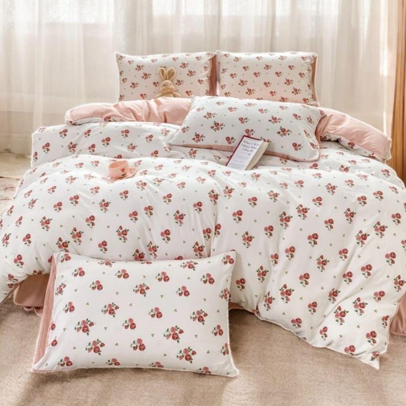 Light pink and white rose pattern cotton 4-piece set